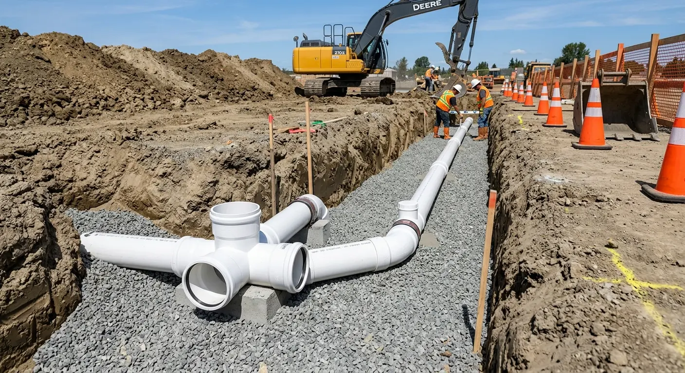 New PVC sewer pipe installation in open trench for Commercial Drain Cleaning in Eatonton