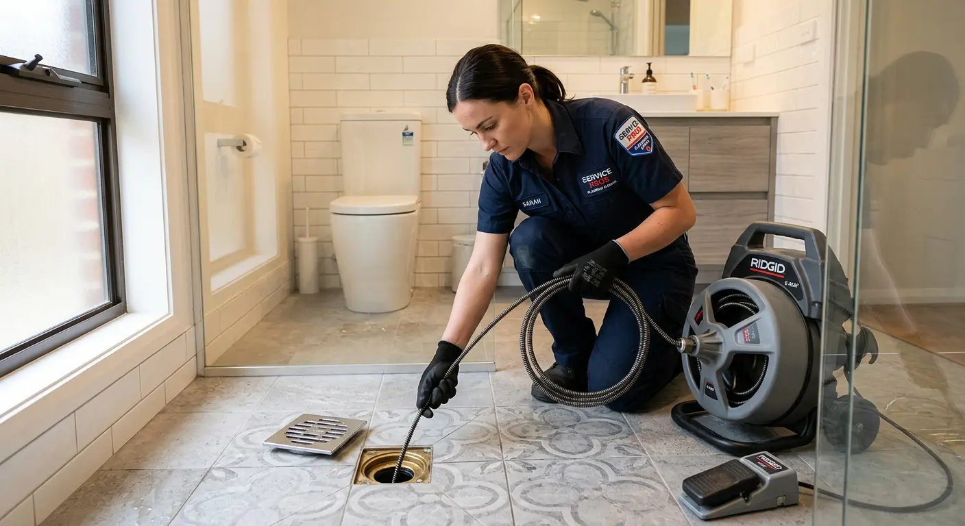 Technician clearing a bathroom floor drain for Drain Cleaning in Eatonton